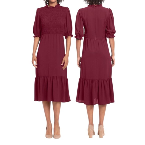 London Times Women's Smocked Bodice Tiered Midi Dress Red Size 12 - Picture 13 of 13